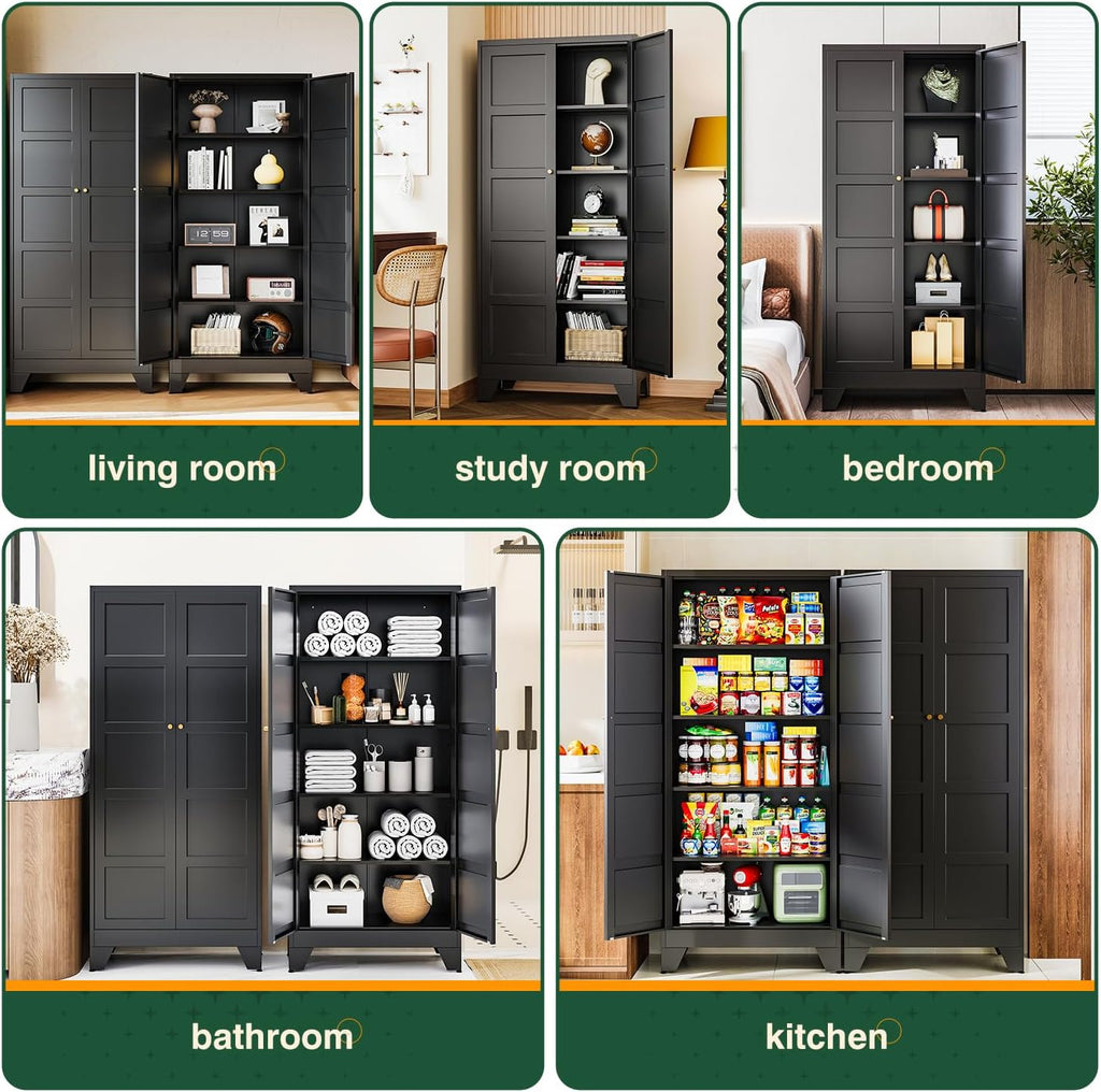 Letaya 71' H Metal Storage Cabinet with 2 Doors and 4 Shelves,Tall Kitchen Pantry Cabinets,Utility Pantry Organizers for Cupboard/Dining/Bathroom/Home Office/Garage (Black, 71' H x 16' D x 32' W)