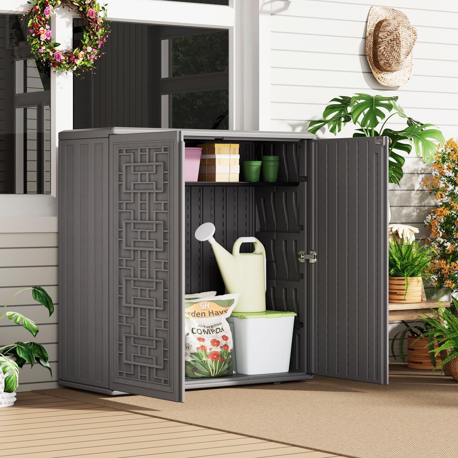 HOMSPARK Indoor/Outdoor Storage Cabinet with Doors and Shelf, 34'x15'x36' HDPE Plastic Storage Box Waterproof for Patio, Garden, Balcony, Multi-Purpose for Daily Tools, Grey