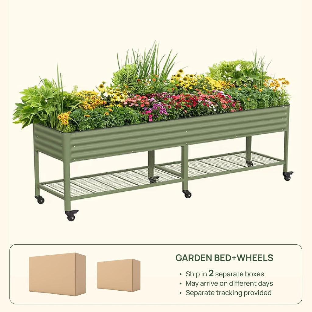 Rolling Elevated Raised Garden Bed - Jumbo Series, 2.5' x 10' Outdoor Planters Boxes with Legs & Storage Rack for Patio, 2000+ Lbs Weight Capacity, Raised Beds for Gardening Herbs Flowers, Olive Green