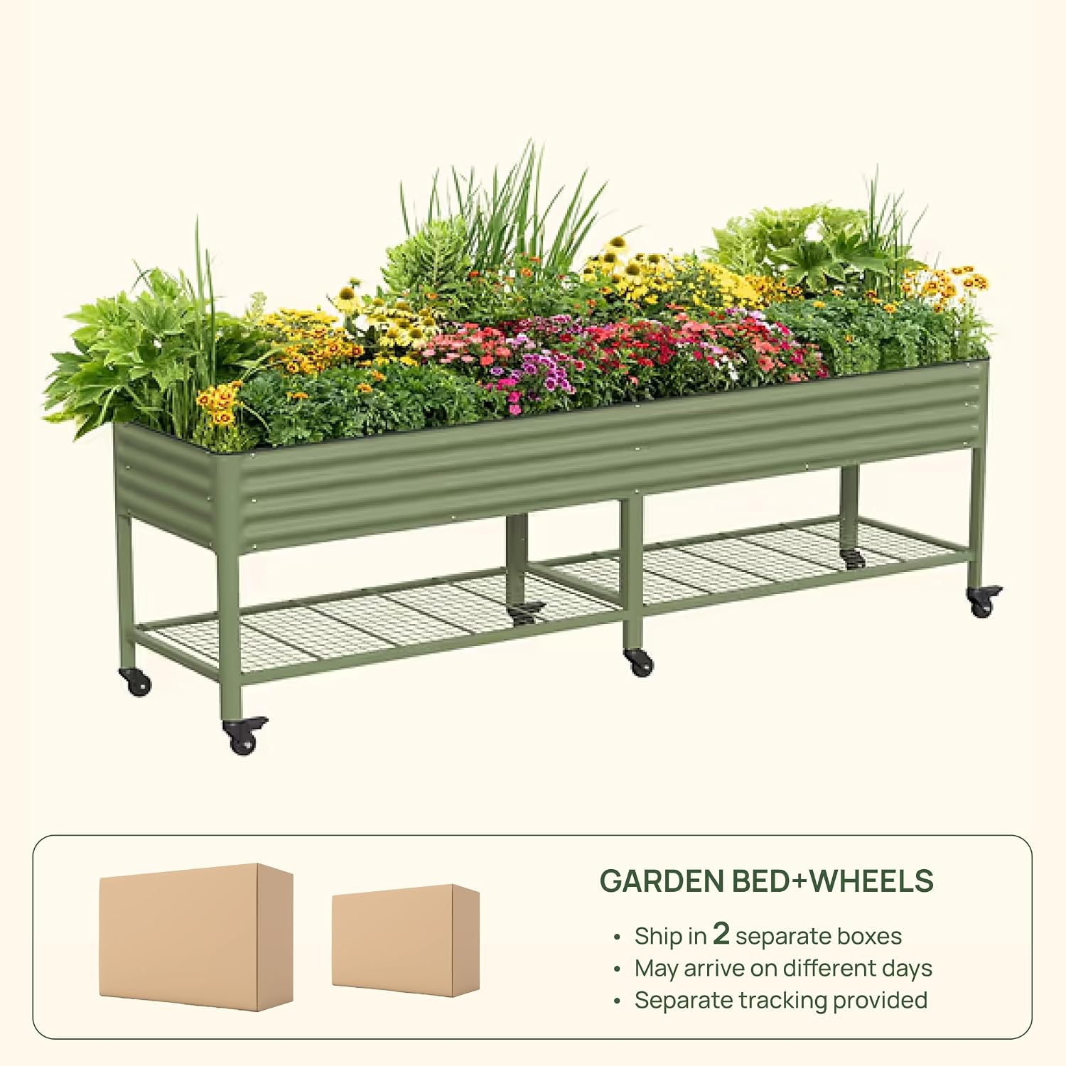 Rolling Elevated Raised Garden Bed - Jumbo Series, 2.5' x 10' Outdoor Planters Boxes with Legs & Storage Rack for Patio, 2000+ Lbs Weight Capacity, Raised Beds for Gardening Herbs Flowers, Olive Green
