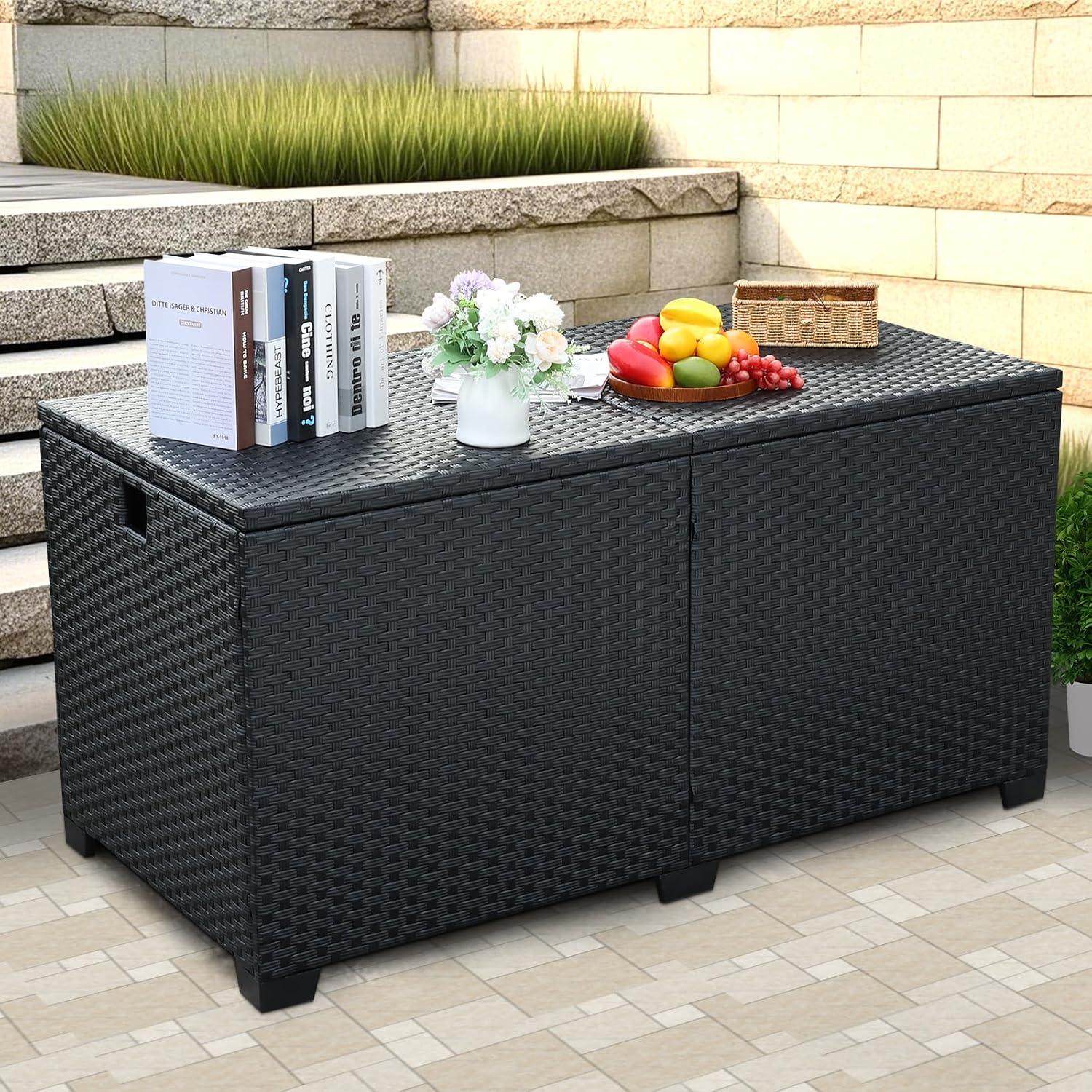 Lviden 180 Gallon Deck Storage Box Outdoor Storage Box Large Patio Storage Bin with Waterproof Lining Bag Cushion Storage Bin Outdoor, Black
