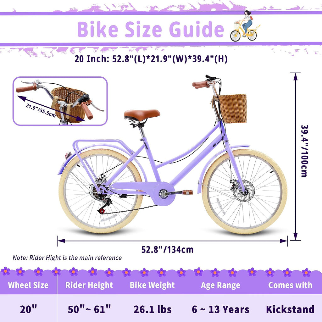 DEYGIA Kids Bike, Retro Cruiser Bike for Girls, 20 24 Inch 7-Speed Kids Bicycles for Ages 6-14 Girls Youth with Rattan Basket, Dual-Disc Brake Carbon Steel Frame Lightweight Bicycle, Multiple Colors