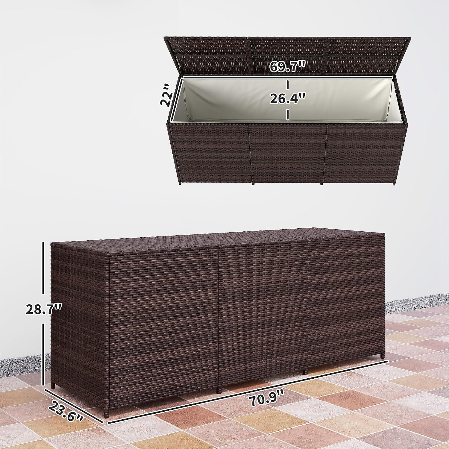 Outsunny 175 Gallon Outdoor Storage Box with Inner Liner, PE Rattan Wicker Deck Box with Pneumatic Bar Lift for Indoor & Outdoor, Patio Furniture Cushions, Pool Supplies, Garden Tools, Mixed Brown