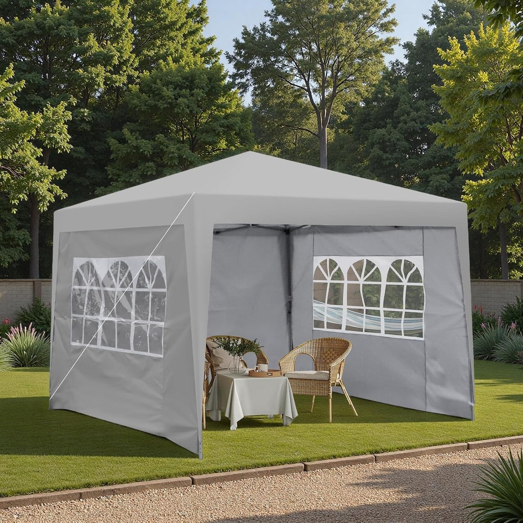 10x10FT Canopy Tent, Outdoor Gazebo Pop up Canopy with 4 Removable Sidewalls & 2 Windows, Patio Camping Shade Canopy with 4 PCS Weight Sand Bag & Carry Bag, Ideal for Parties Events, Grey