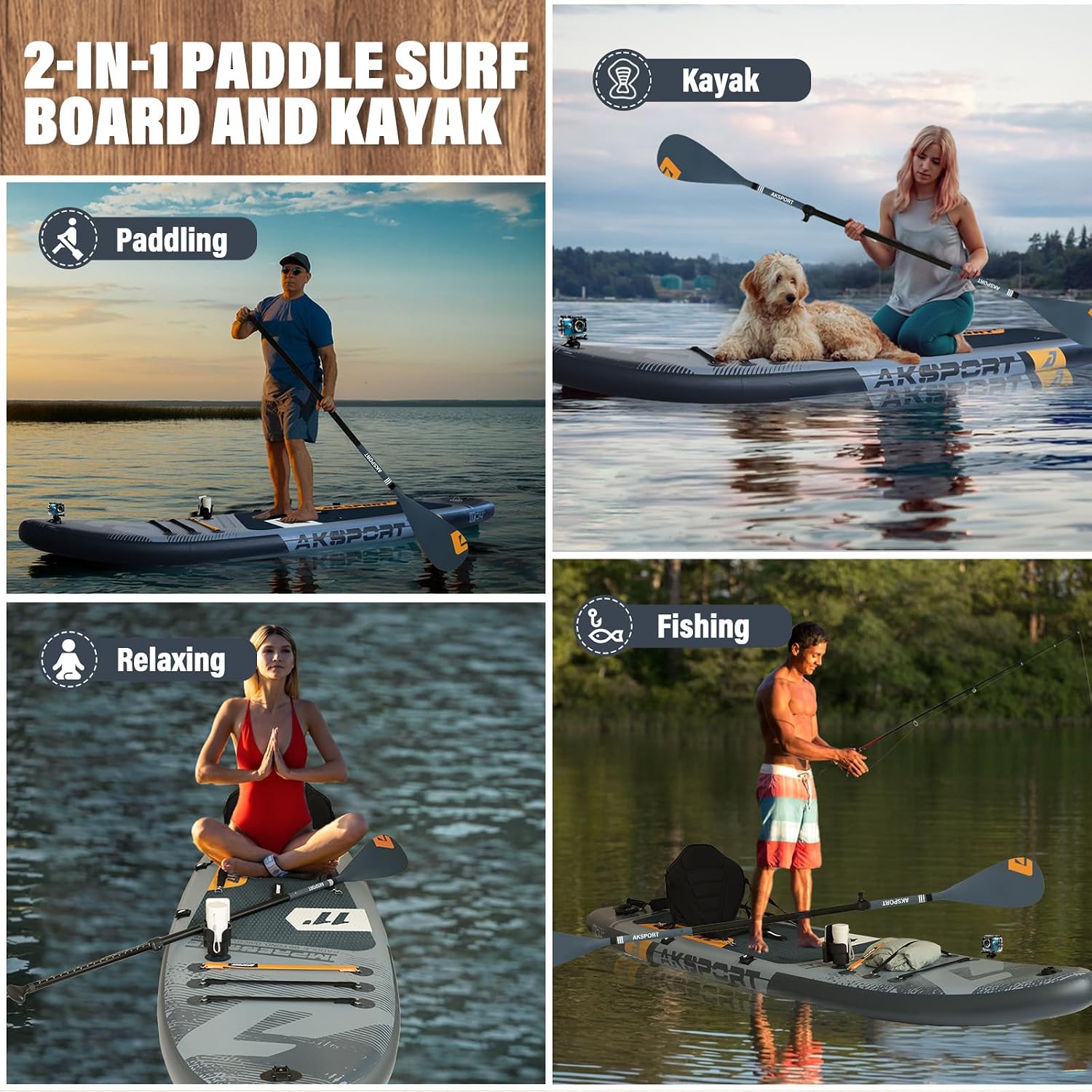 AKSPORT 11' Inflatable Stand-Up Paddle Board with Upgraded SUP Accessories Kit | Extra Wide 34' Design | Non-Slip Deck | Premium SUP Board for Adults & Youth of All Levels