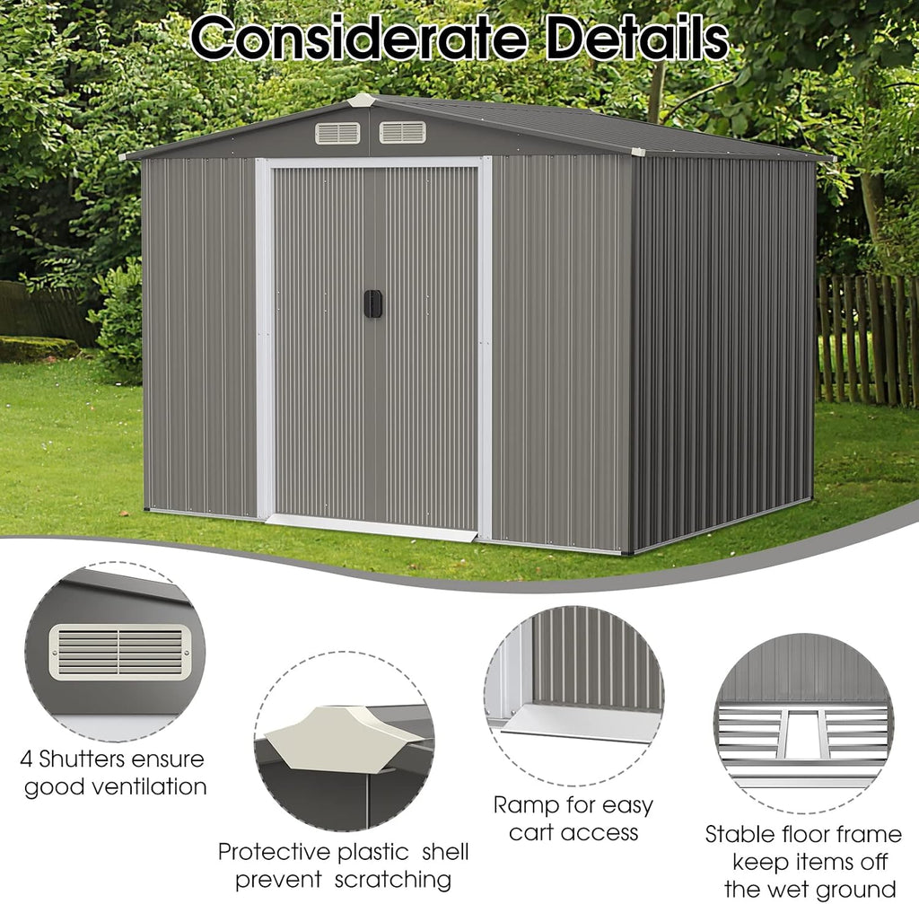 Goplus Outdoor Storage Shed, 8.5' x 6.8' x 6' Weather-Resistant Utility Tool Organizer w/Foundation, 4 Louvers, Double Doors & Ramp, Galvanized Steel Tool Shed for Garden, Lawn, Yard