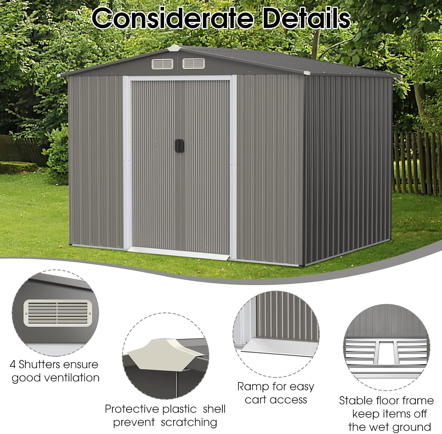Goplus Outdoor Storage Shed, 8.5' x 6.8' x 6' Weather-Resistant Utility Tool Organizer w/Foundation, 4 Louvers, Double Doors & Ramp, Galvanized Steel Tool Shed for Garden, Lawn, Yard