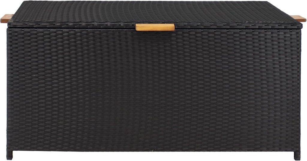 Sunnydaze Faux Wicker Storage Box - Outdoor Deck Box with Handles - 75-Gallon Front Door Package Delivery Box with Hinged Lid - Black