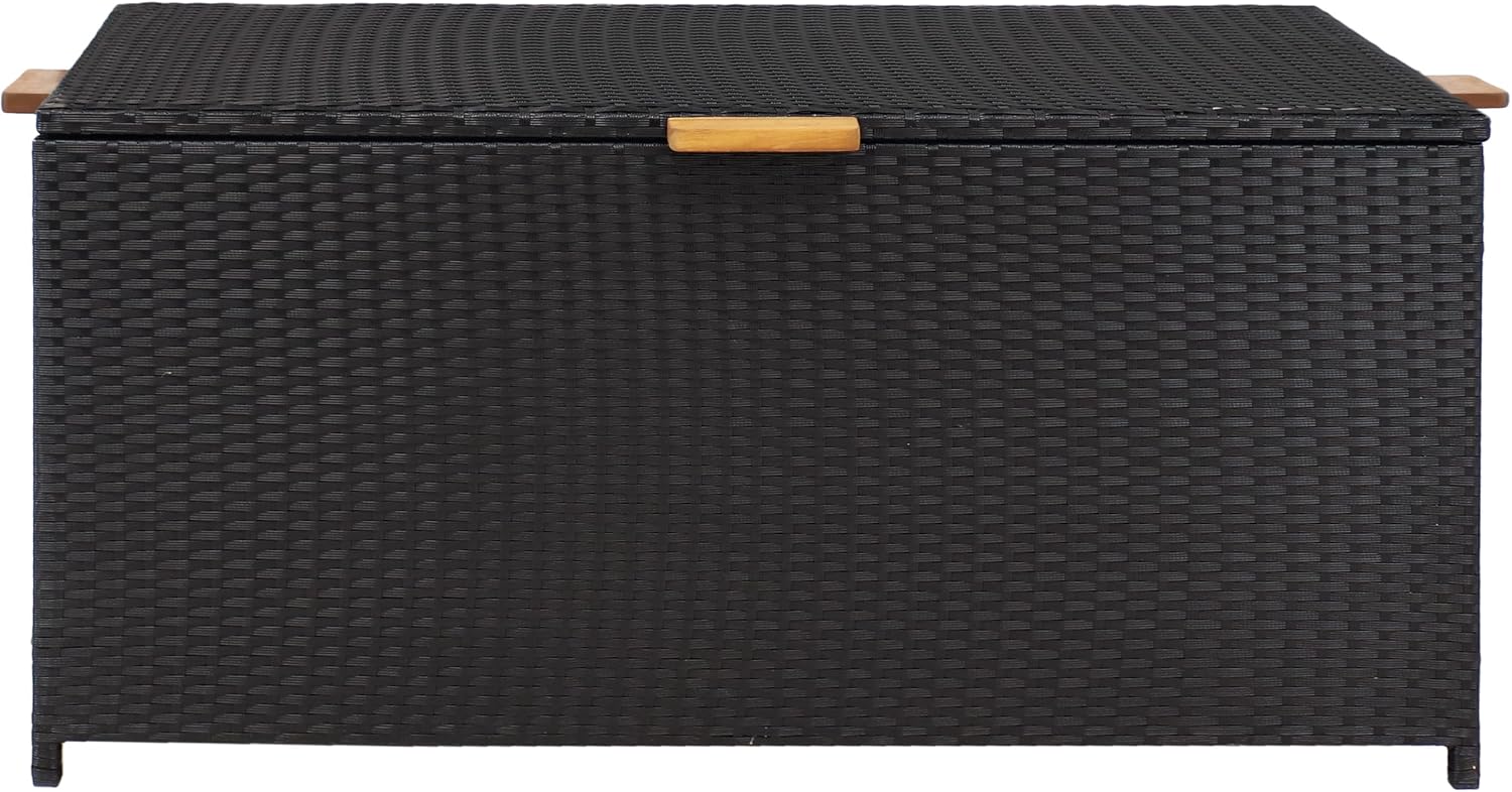 Sunnydaze Faux Wicker Storage Box - Outdoor Deck Box with Handles - 75-Gallon Front Door Package Delivery Box with Hinged Lid - Black