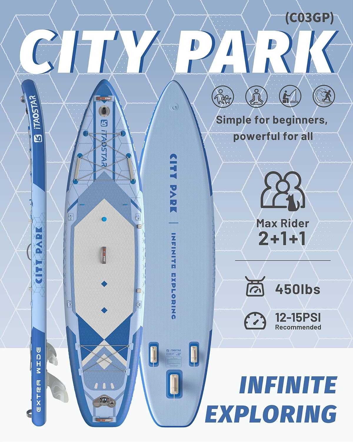 iTAOSTAR City Park 12'×35' Extra Wide Paddle Board with Seat, One-Stop Premium SUP Board Gears, Tailored 5 Fins, Stable Inflatable Stand Up Paddle Boards for Youth/Adults of All Levels