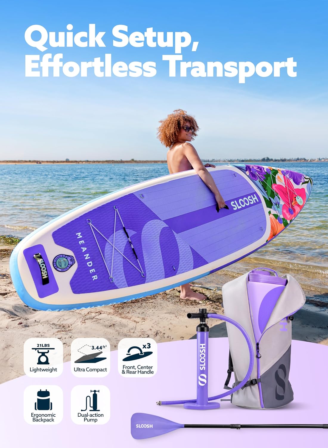 SLOOSH Inflatable Stand Up Paddle Board, 10'6' Inflatable Paddle Boards with Premium Accessories, Non-Slip EVA Deck, Ultra-Light Carry Bag Pump, Meander SUP for Youth & Adults