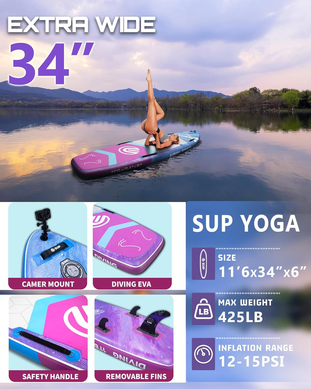ESUP 11'6 ×34/35' Super Wide Inflatable Paddle Board with SUP Accessories, Extra Stable Stand Up Paddleboards for 2+1 Persons/Family/Beginner/Yoga, w/Shoulder Strap All-Round Sup Board