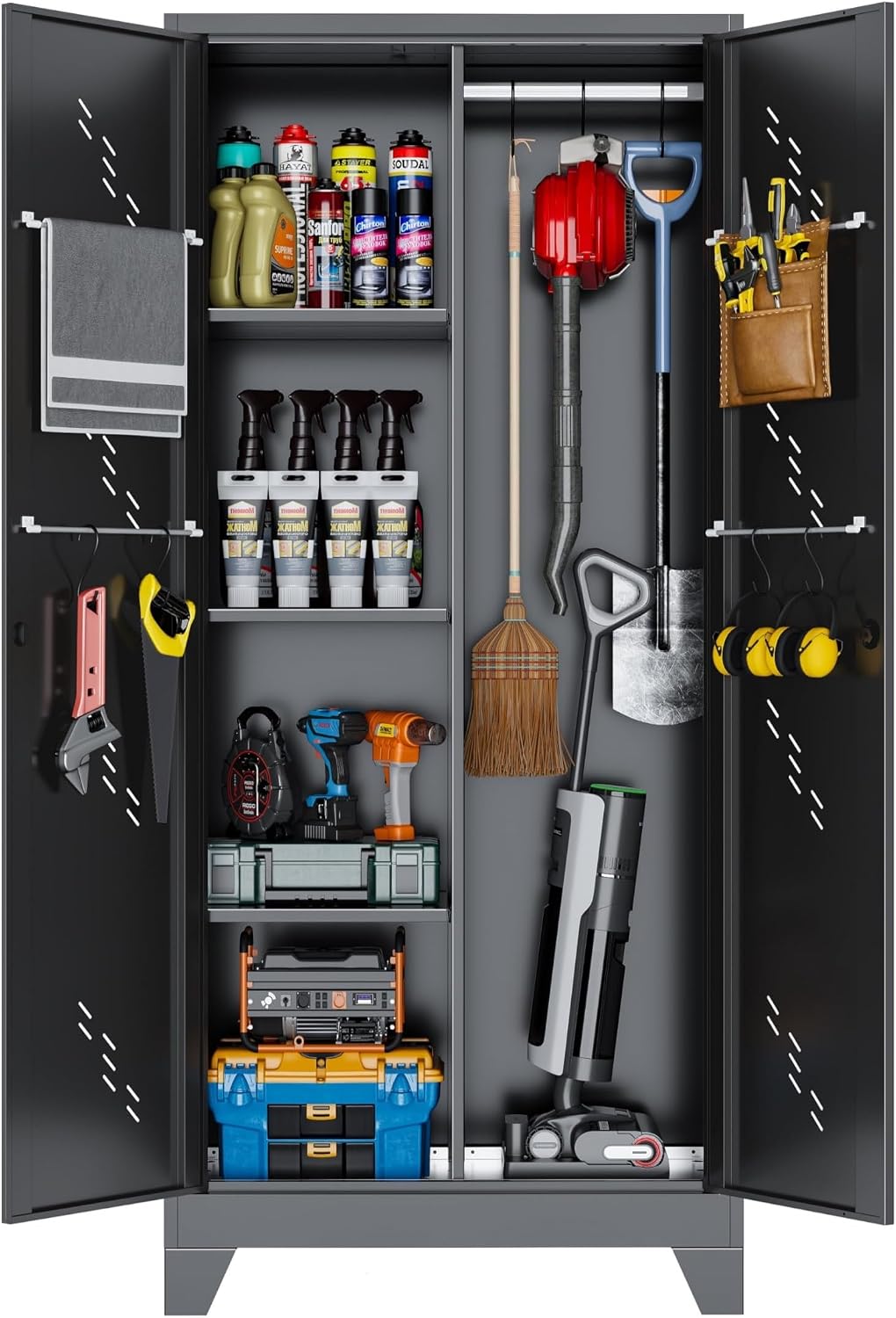 VASAAOSD Metal Garage Storage Cabinet with Locking Doors, 71' Tall Broom Closet Storage Cabinet, Heavy Duty Garage Organization Cabinets, Steel Cabinet with Hanging Rod, Assembly Required