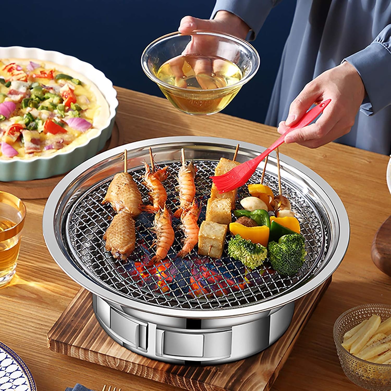 BBQ Barbeque Barbecue Grill, BBQ, Household Charcoal Smokeless Maifan Stone Baking Pan, Indoor and Outdoor Korean 6-8 People (Color : C, Size 40cm13.5cm), 40cm*13.5cm