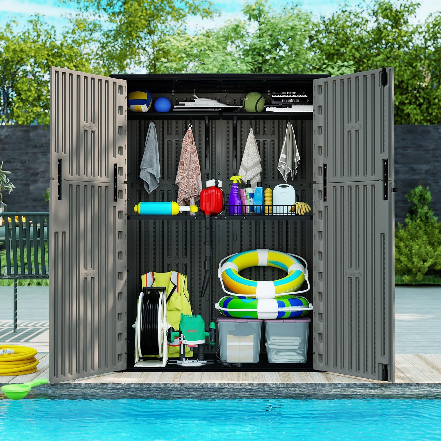 ZZM 57 Cu.ft Outdoor Storage Shed with Floor HDPE Double-Wall Resin Sheds Outdoor Storage, Lockable Weatherproof Storage Cabinet Fit for Garden Tools, Garage can, Bike, Patio Furniture, Brown