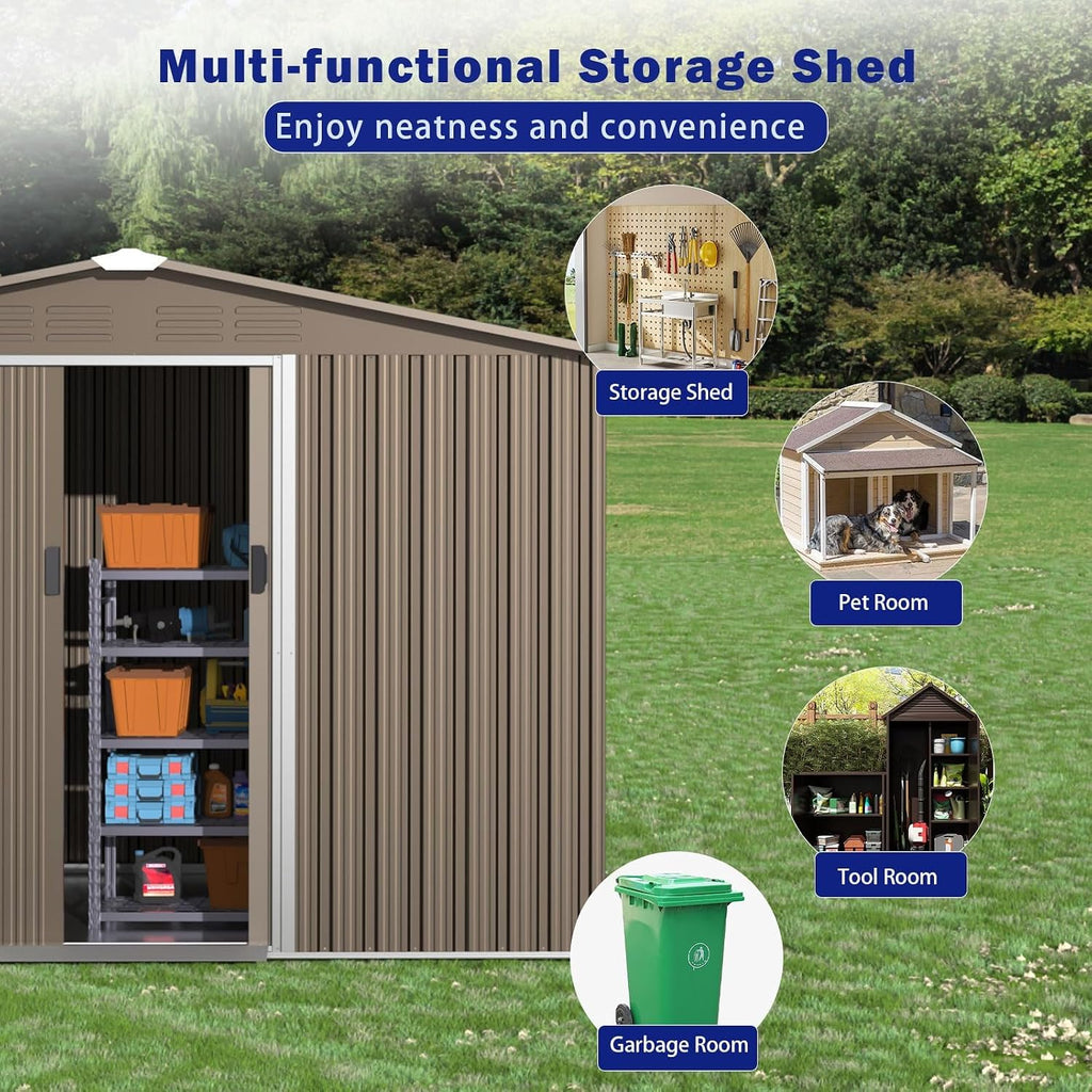 ALAULM 8'x6' Outdoor Storage Shed Outdoor Galvanized Metal Tool Shed with Vents & Sliding Door, Waterproof Garden Shed for Patio,Lawn,Backyard to Store Bikes,Tools-Brown