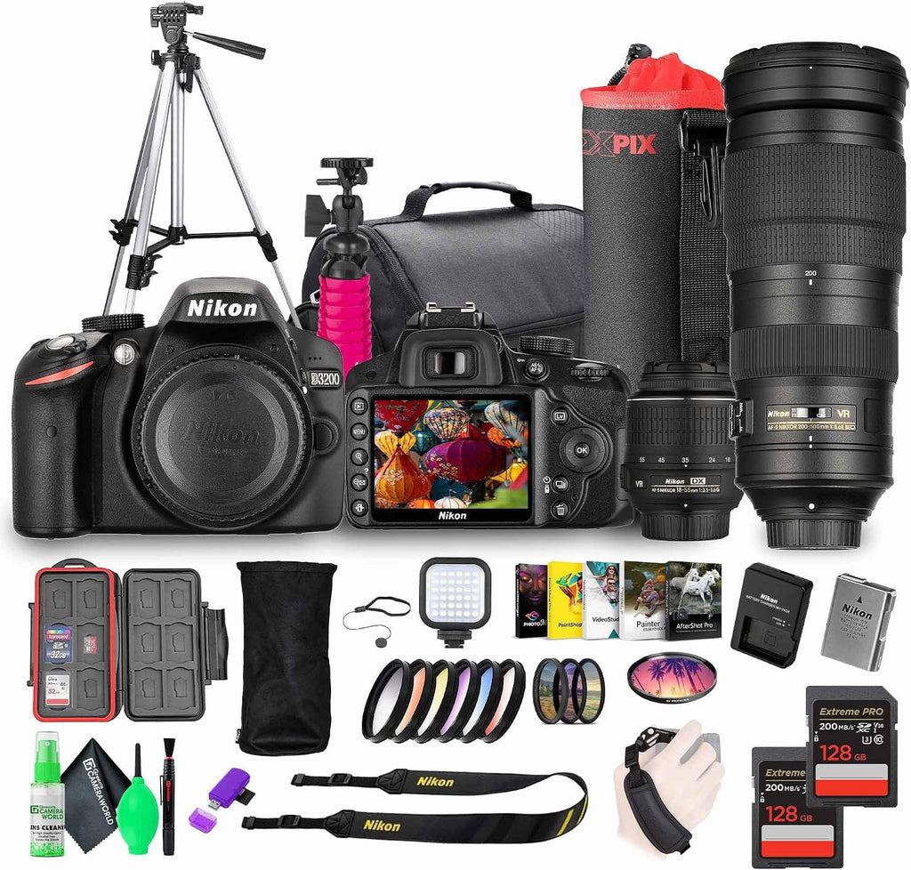 Nikon D3200 24.2MP DSLR Camera Kit with 18-55mm VR Zoom Lens – Full HD 1080p Video Capture, Fast 11-Point Autofocus System + Nikon AF-S NIKKOR 200-500mm f/5.6E ED VR Lens + 128GB Memory Card + More