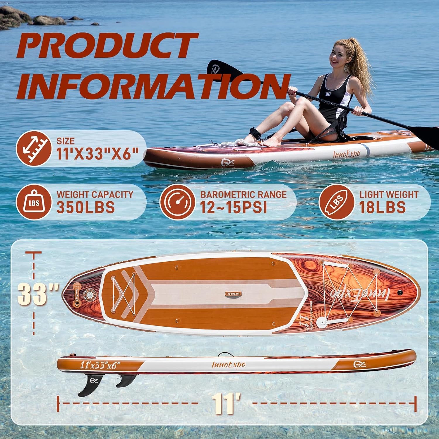 InnoExpo 11' Inflatable Stand Up Paddle Boards with Premium Accessories, Wide Stable SUP Paddle Board Design, Non-Slip Comfort Deck for Youth & Adults