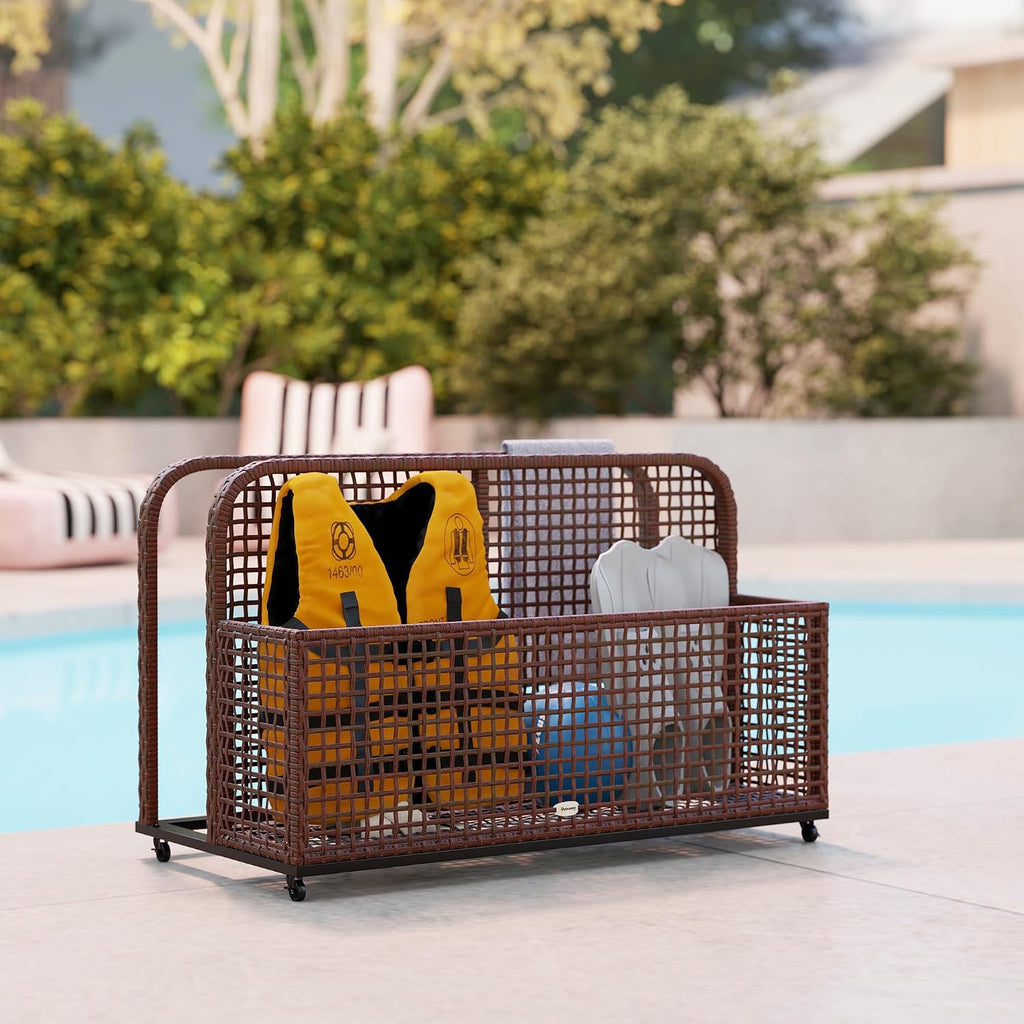 Outsunny Patio Wicker Pool Float Storage with Wheels, Outdoor Rolling PE Rattan Pool Caddy, Includes Compartment and Basket, for Pool, Garden, Deck, Brown