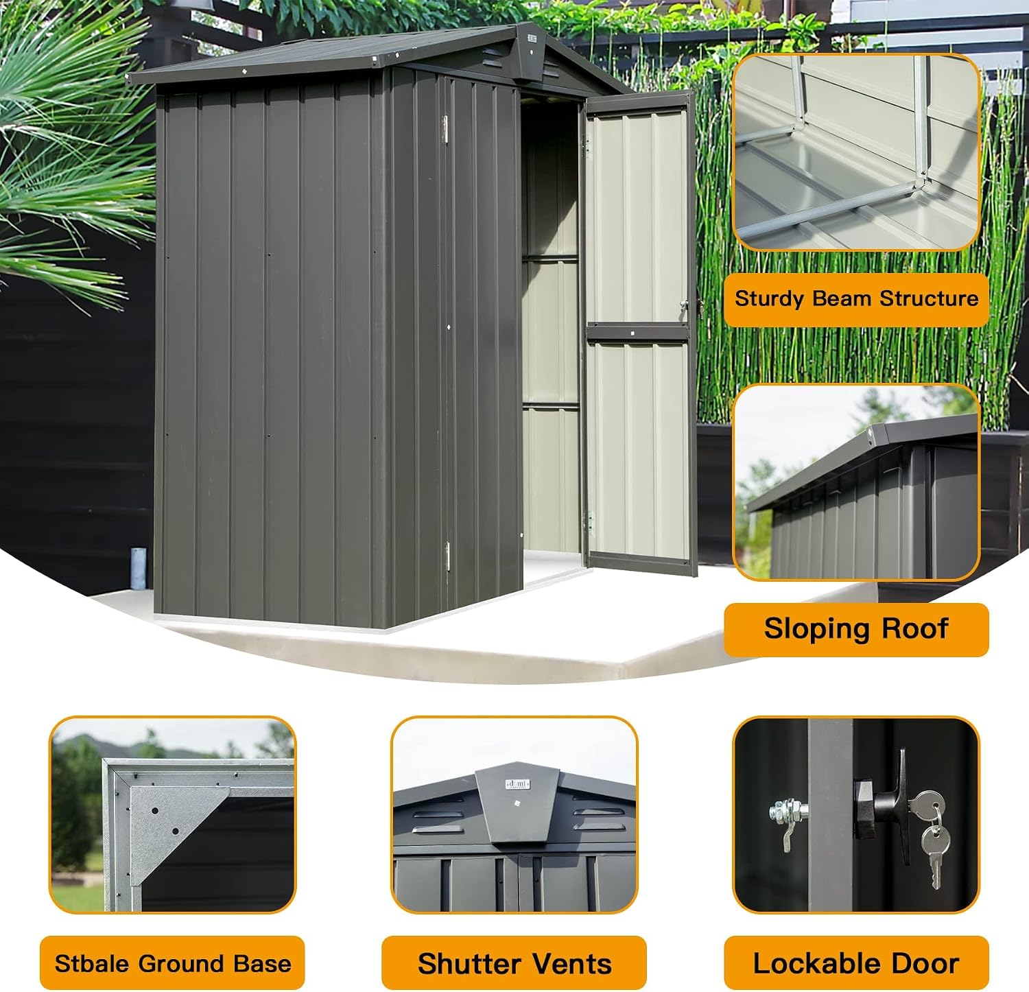 Domi Outdoor Storage Shed 5.7' x 3', Metal Garden Shed with Galvanized Steel Frame for Bike, Tools, Lawn Mowers, Pool Toys, Outdoor Storage Cabinet with Lockable Door for Garden Lawn Patio (Dark Grey)