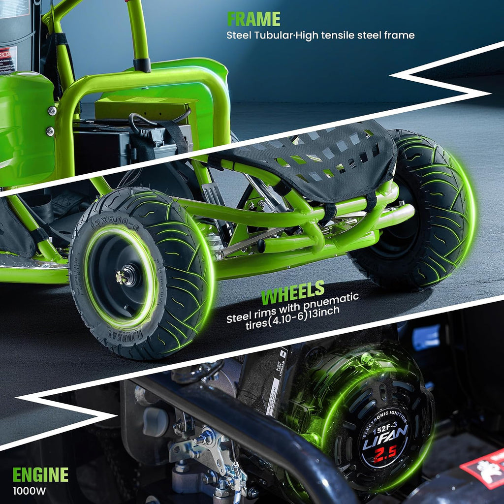 Electric Go Kart, 48V Powered Ride On Car, Steel Tubular Frame, Seat Belt, 13 inch All-Terrain Tires, Parental Speed Control, Max 20 Mph (Green)