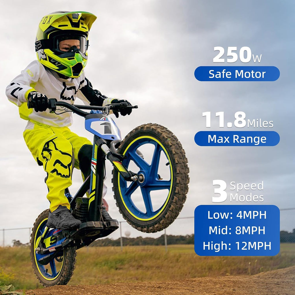 AIII Lightweight Electric Dirt Bike for Kids, 170/340W Electric Motorcycle Up to 10/12MPH, 24V Detachable Battery, Hand-Operated Dual Brakes Electric Balance Bike for Ages 3-6/5-12