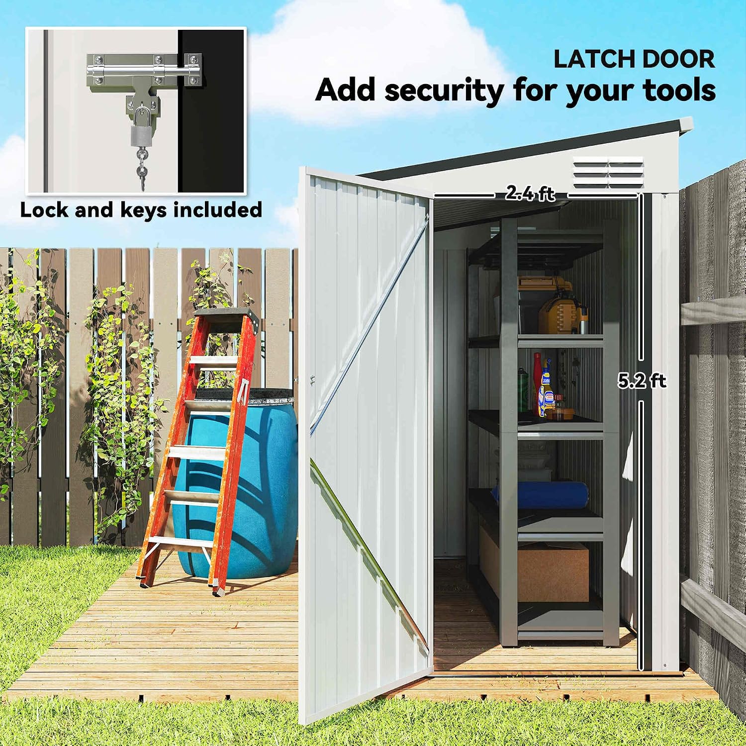 Outsunny 4' x 7.7' Metal Outdoor Storage Shed, Lean to Storage Shed, Garden Tool Storage House with Lockable Door and 2 Air Vents for Backyard, Patio, Lawn, White