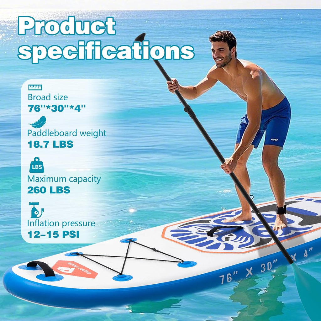 Inflatable Stand Up Paddle Board with Premium SUP Accessories - Backpack, Adjustable Paddle, Non-Slip Deck, Hand Pump, Leash, Fins, Waterproof Bag
