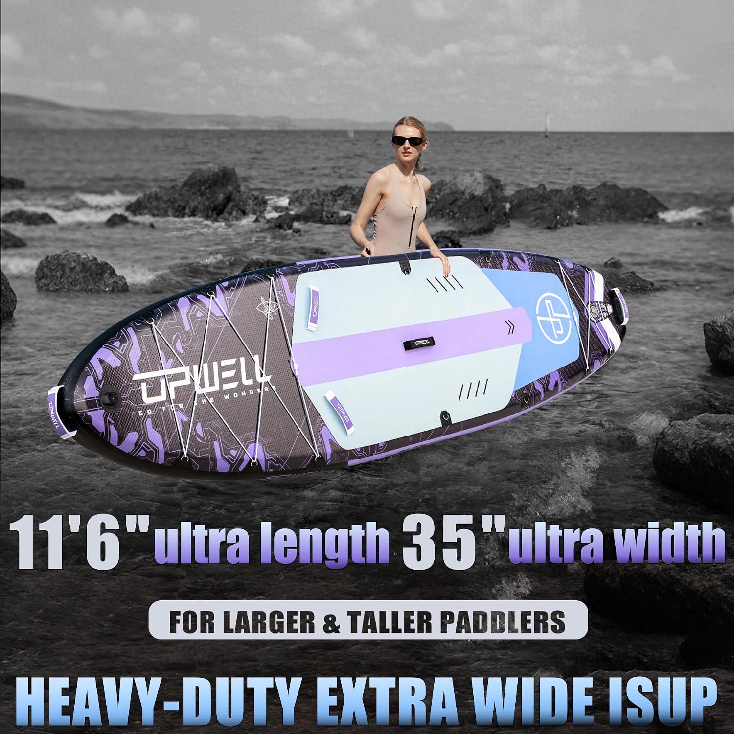 UPWELL 11'6'×35' Extra Wide Inflatable Paddle Board, Stand Up Paddle Board for Youth & Adults, Stable Design, Premium SUP Accessories, 120L Backpack, 10L Dry Bag, Paddle, Leash, Hand Pump, US Fins