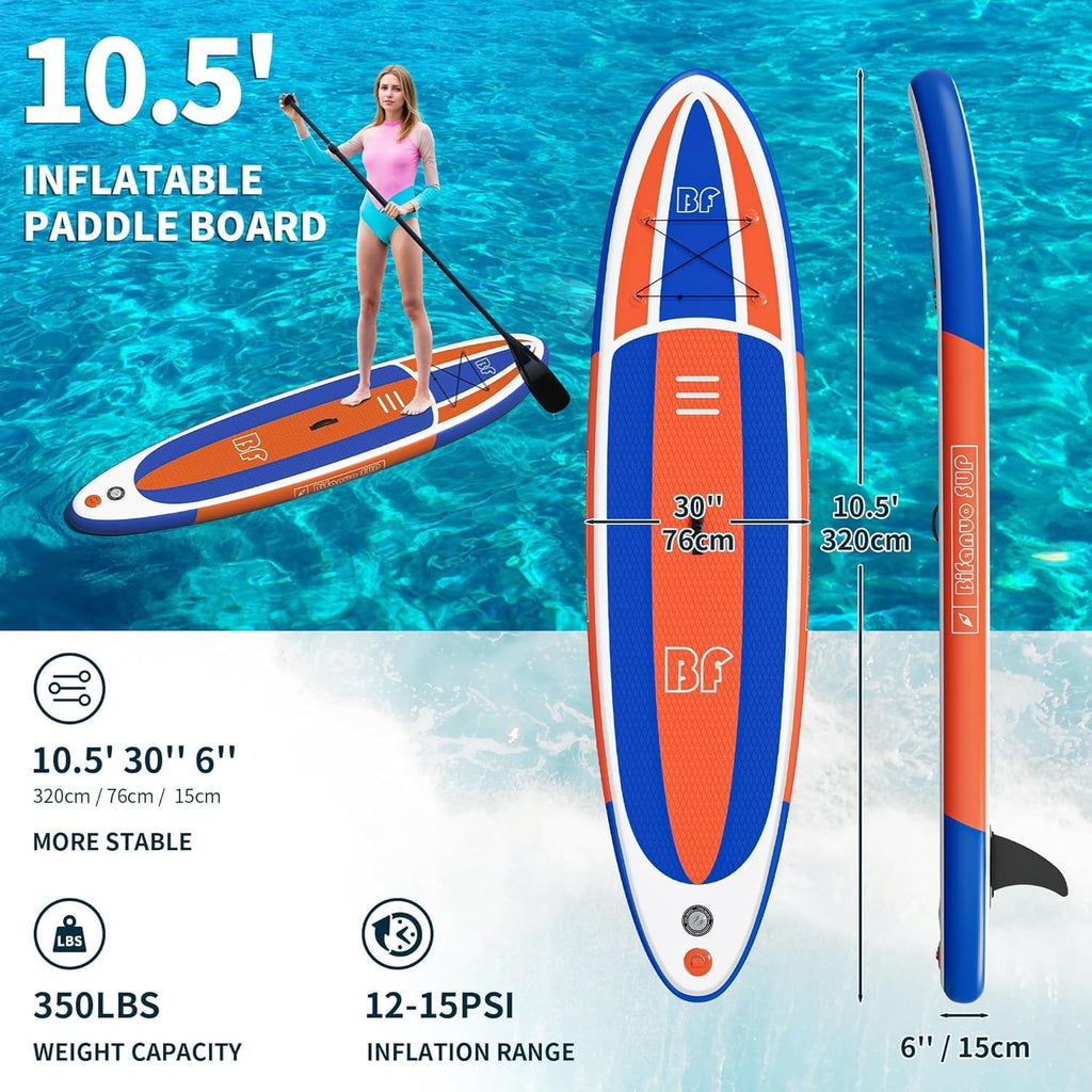 Bifanuo Inflatable Stand Up Paddle Board with SUP Accessories & Backpack. Paddle Boards for Adults. Non-Slip Deck, Wide Stance, Bottom Fin, Double Action Pump.