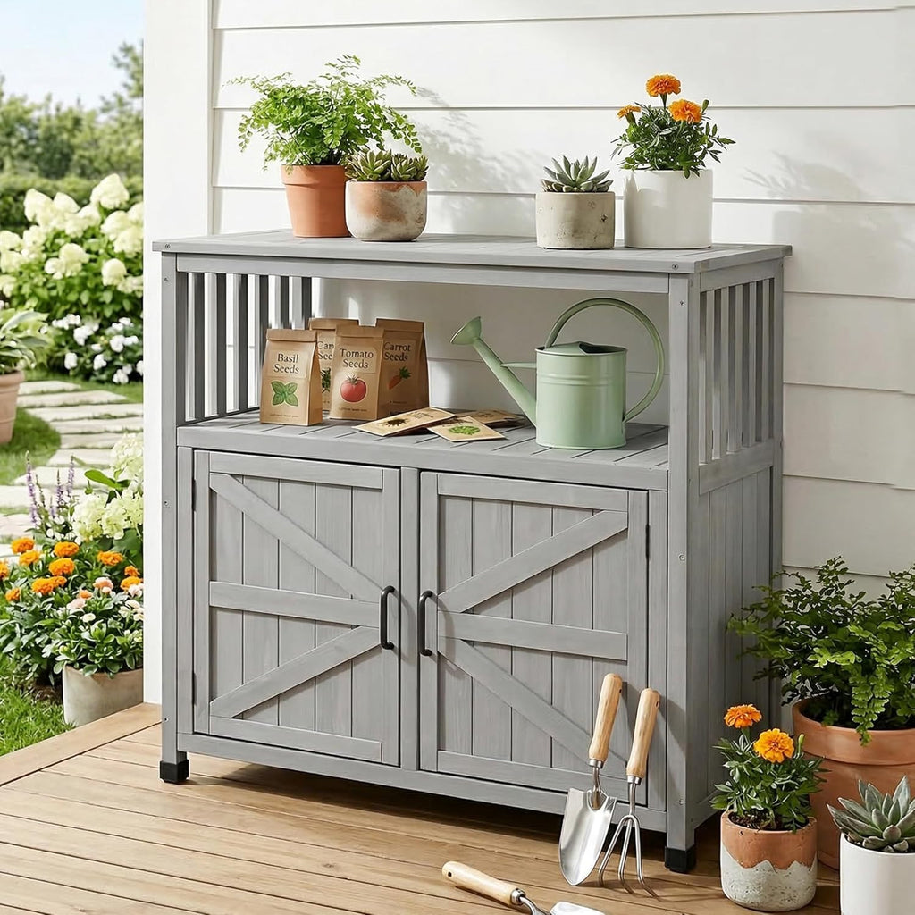 Mederlo Wooden Patio Bar Table with Storage, Cedar Outdoor Buffet Cabinet Sideboard, 42 x 18 x 37 in Serving Station with Double-Layer Tabletop for Patio, Deck, Backyard, Indoor