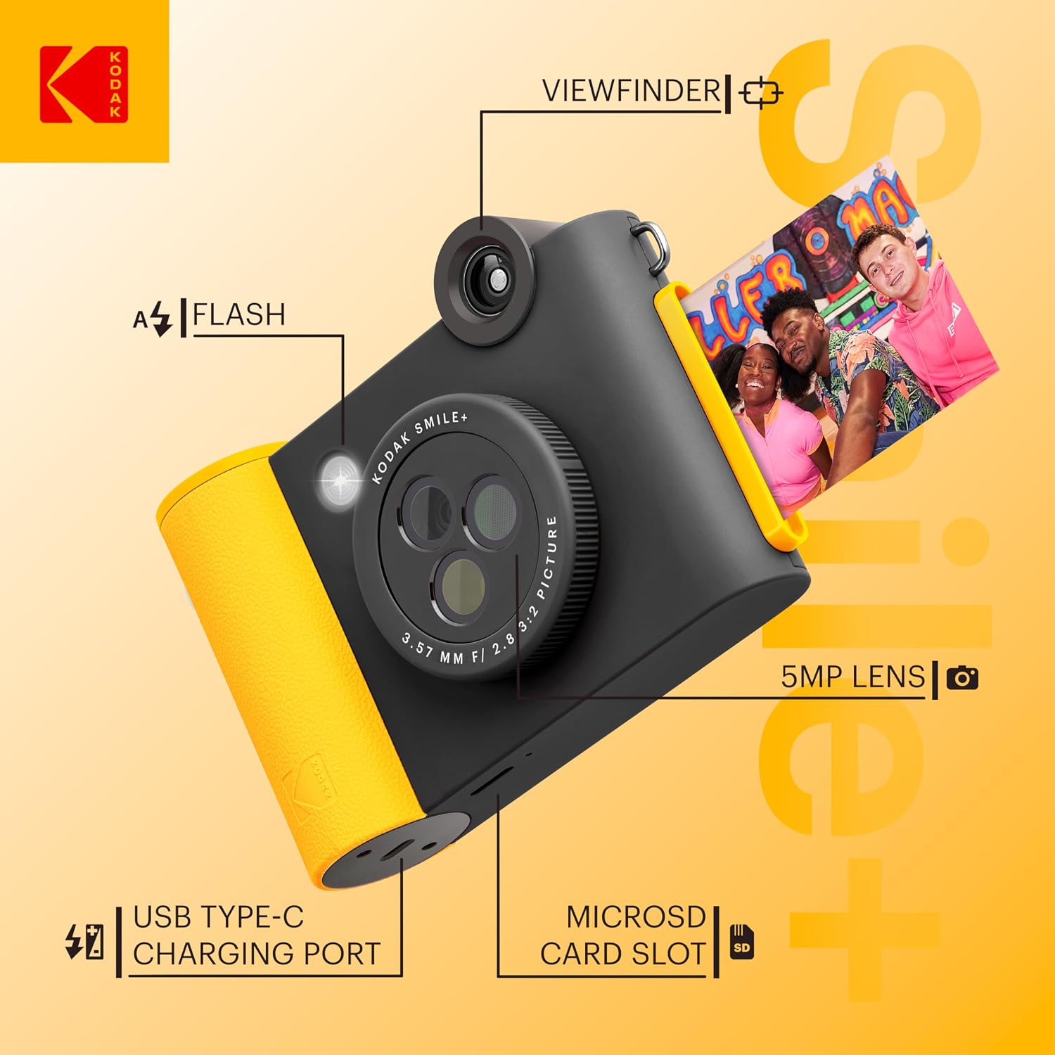 KODAK Smile+ 2-in-1 Digital Instant Print Camera & Wireless Bluetooth Photo Printer Starter Bundle + Deluxe Case + Zink 20pk Sticky-Back Photo Paper - 10MP, Special-Effect Rotating Lens - Black