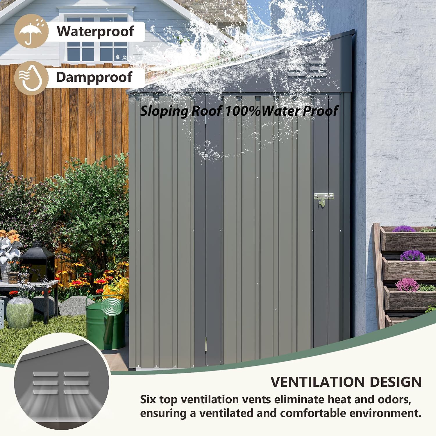 4x7 FT Lean to Shed with Single Lockable Side Door, Outdoor Metal Storage Shed, Sloping Roof Galvanized Utility Steel Tool Shed for Garden, Patio, Lawn & Backyard