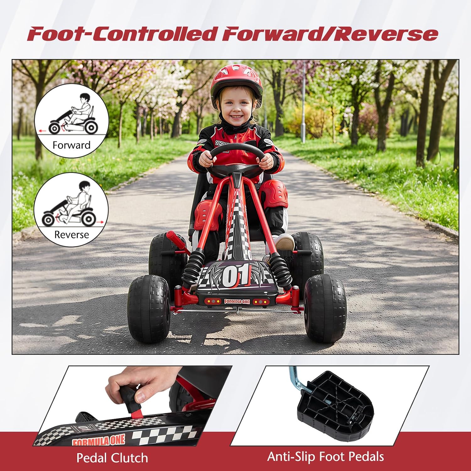 HONEY JOY Pedal Go Kart, 4 Wheeler Toddler Racing Ride On Pedal Car Toy, Forward/Backward, Ergonomic Seat, Handbrake, Steering Wheel, Outdoor Off-Road Go Cart for Kids, Boys Girls Gift (Red)