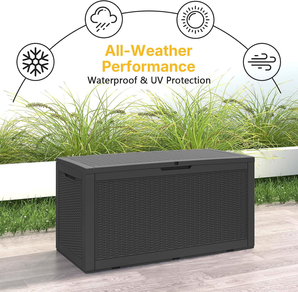 Skepphlay 100 Gallon Deck Box Outdoor Waterproof, Rattan Outdoor Storage Box, Patio Storage Boxes for Cushions, Pillow, Garden Tools, Equipment