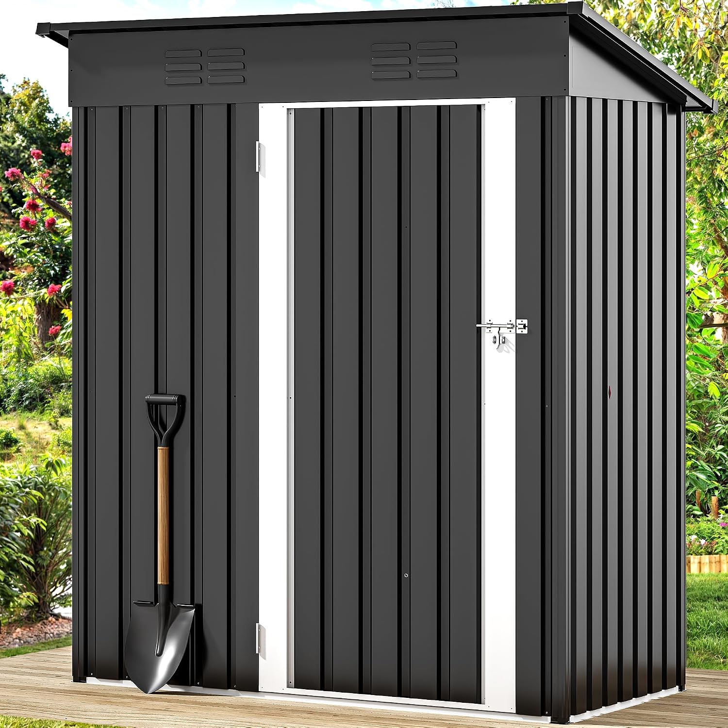 DWVO Metal Outdoor Storage Shed 5x3ft, Lockable Tool Sheds Storage with Air Vent for Garden, Patio, Lawn to Store Garbage Can, Lawnmower, Dark Gray