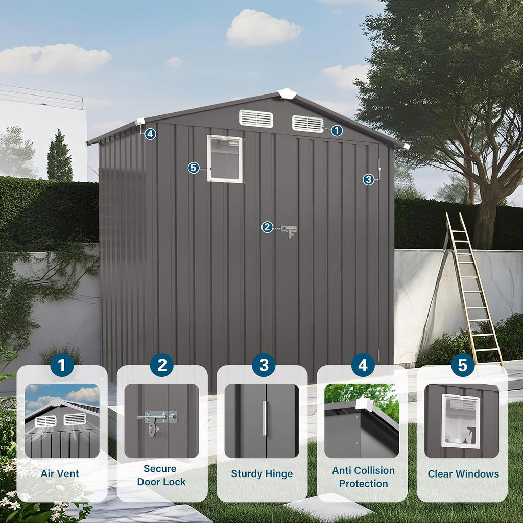 6×3.6 FT Outdoor Tool Shed with Peaked Roof Waterproof, Metal Tool Shed with Lockable Door and Clear Window, Galvanized Steel Storage Shed with Ventilation, Compact Utility Storage Shed,Gray