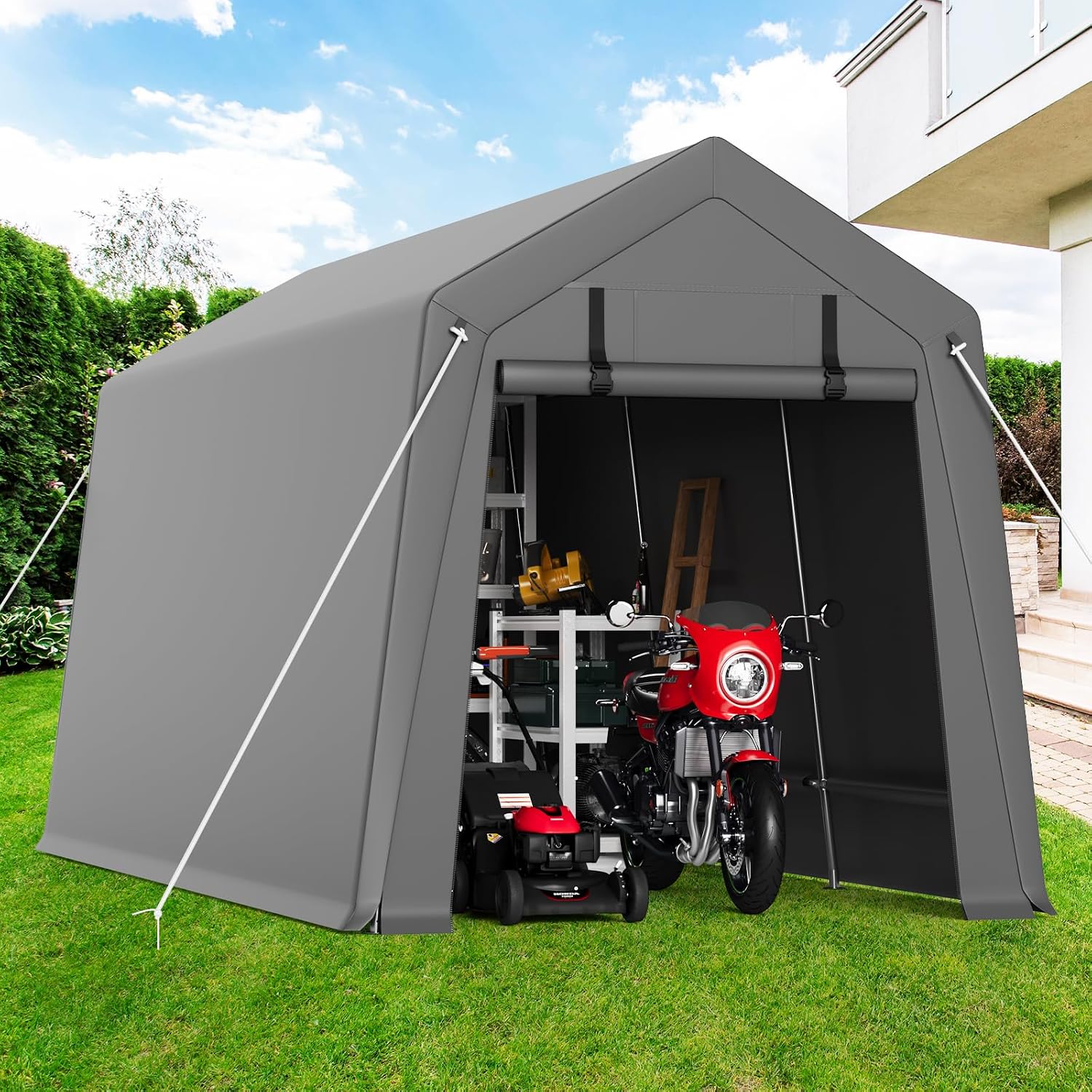 GAOMON 7'x10' Outdoor Portable Garage, Waterproof & UV-Resistant Storage Shed with 2 Roll-Up Doors, Carport Tent for Motorcycle, Bike, and Tools, Gray