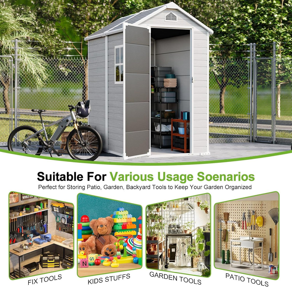 4x6 FT Plastic Outdoor Storage Shed with Floor and Lockable Door, All-Weather Resin Storage Shed Easy to Install, Plastic Sheds & Outdoor Storage for Garden Backyard, Patio, Dove Grey