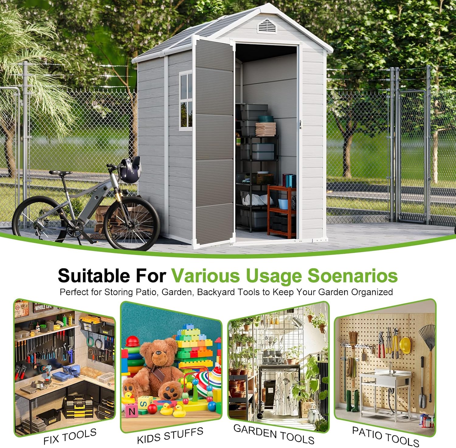 4x6 FT Plastic Outdoor Storage Shed with Floor and Lockable Door, All-Weather Resin Storage Shed Easy to Install, Plastic Sheds & Outdoor Storage for Garden Backyard, Patio, Dove Grey