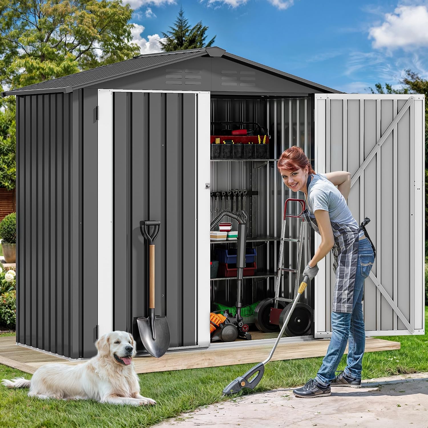DWVO 6' x 4' Outdoor Storage Shed, Large Metal Tool Sheds, Heavy Duty Storage House with Lockable Doors & Air Vent for Backyard Patio Lawn to Store Bikes, Tools, Lawnmowers,Dark Gray