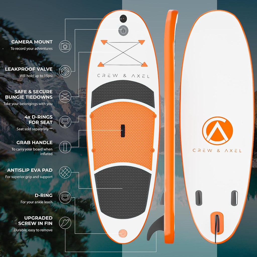 Crew Axel Inflatable Paddle Board 10'33'6' Extra Wide & Lightweight (18lb) Paddle Board – Premium SUP Set Includes 2 Bags, Floating Paddle, Camera Mount, 3 Fins, Dual Pump Kit