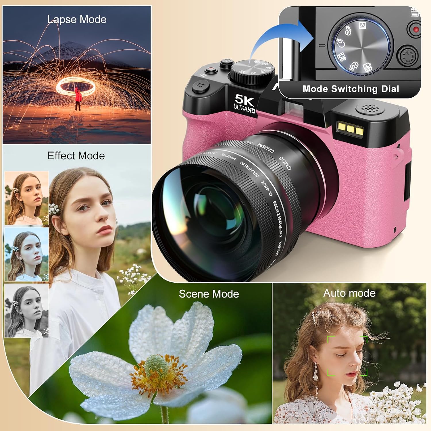 NBD 5K Digital Cameras for Photography - 16X Zoom Travel Camera with 180° Flip Screen, 64MP Vlogging Cameras Fotograficas for YouTube, Auto Focus, Macro Lens, 2 Batteries & 64GB TF Card（Pink）