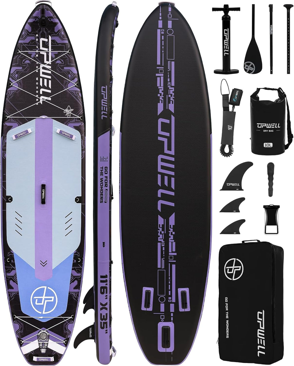 UPWELL 11'6'×35' Extra Wide Inflatable Paddle Board, Stand Up Paddle Board for Youth & Adults, Stable Design, Premium SUP Accessories, 120L Backpack, 10L Dry Bag, Paddle, Leash, Hand Pump, US Fins