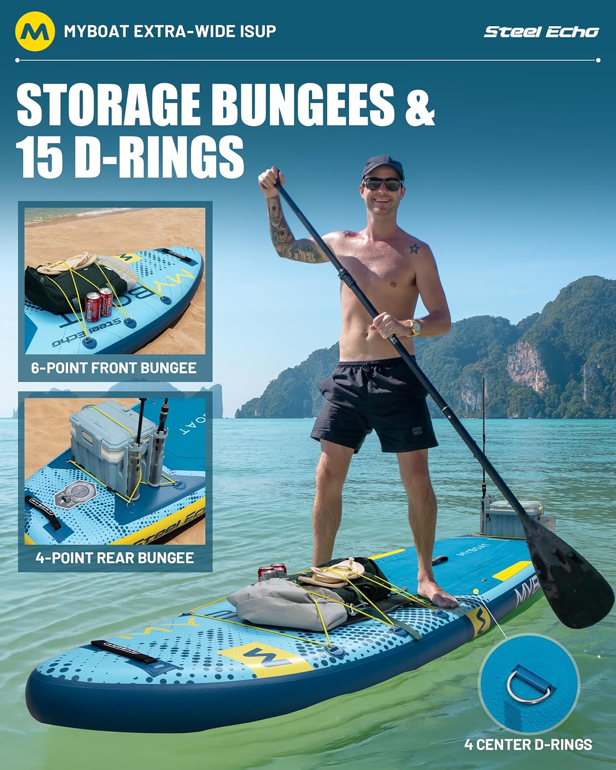 MYBOAT 11'6' Extra Wide Inflatable Paddle Board, 450LB Max Capacity Stable SUP for 2-3 People, Non-Slip Stand Up Board for Beginners & Fishing, Versatile 15 D-Rings, Dual Bungee, 3-Fin Stability