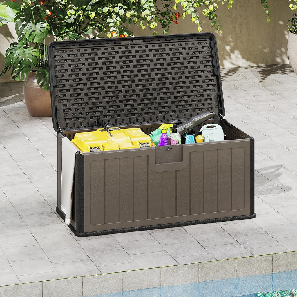 Giantex 100 Gallon Deck Box, Waterproof Resin Box with Lockable Lid, 440Lbs Outdoor HDPE Storage Container Bench for Patio Furniture Cushions, Pool Tools & Garden Accessories (Black+Brown)