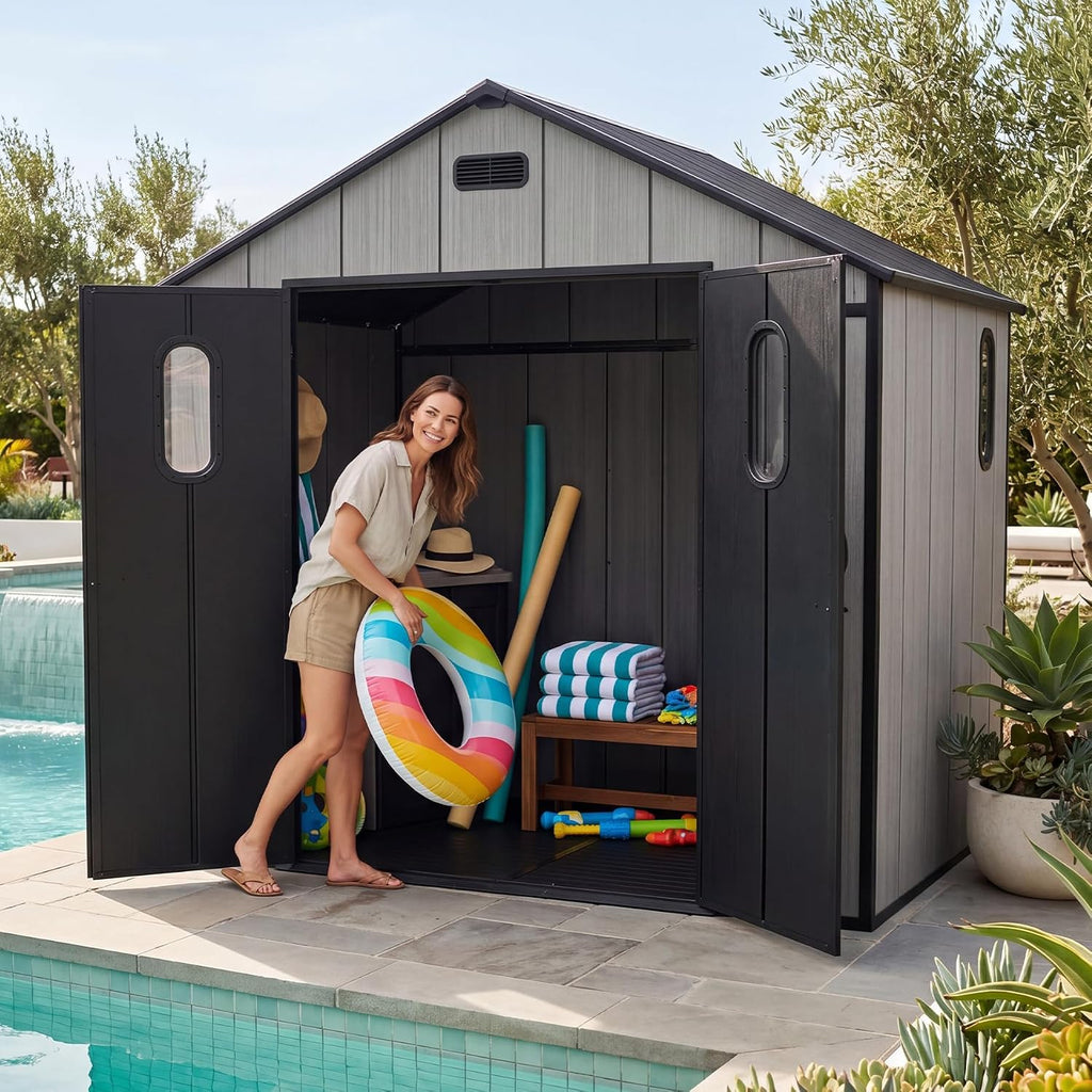 Domi 8x6Ft Resin Outdoor Storage Shed with Floor, Plastic Garden Storage Shed, Outside Weatherproof Storage Building for Tools, Bike, Lawn Mower, Patio, Backyard