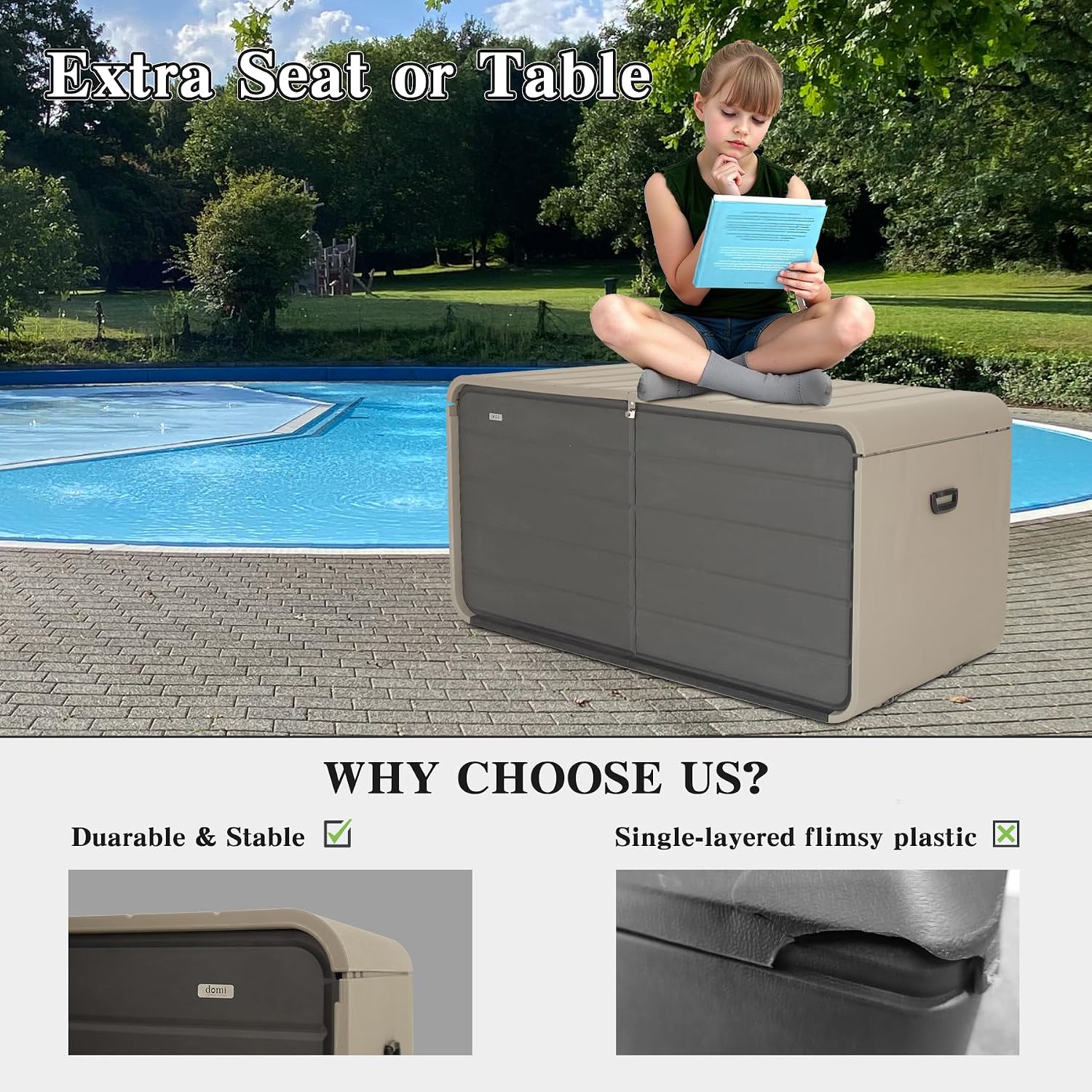 Domi 200 Gallon Resin Deck Box, Waterproof & UV-Resistant Outdoor Large Storage Box Lockable Storage Bin for Patio Cushions Pool Supplies Garden Tools and Delivery Storage