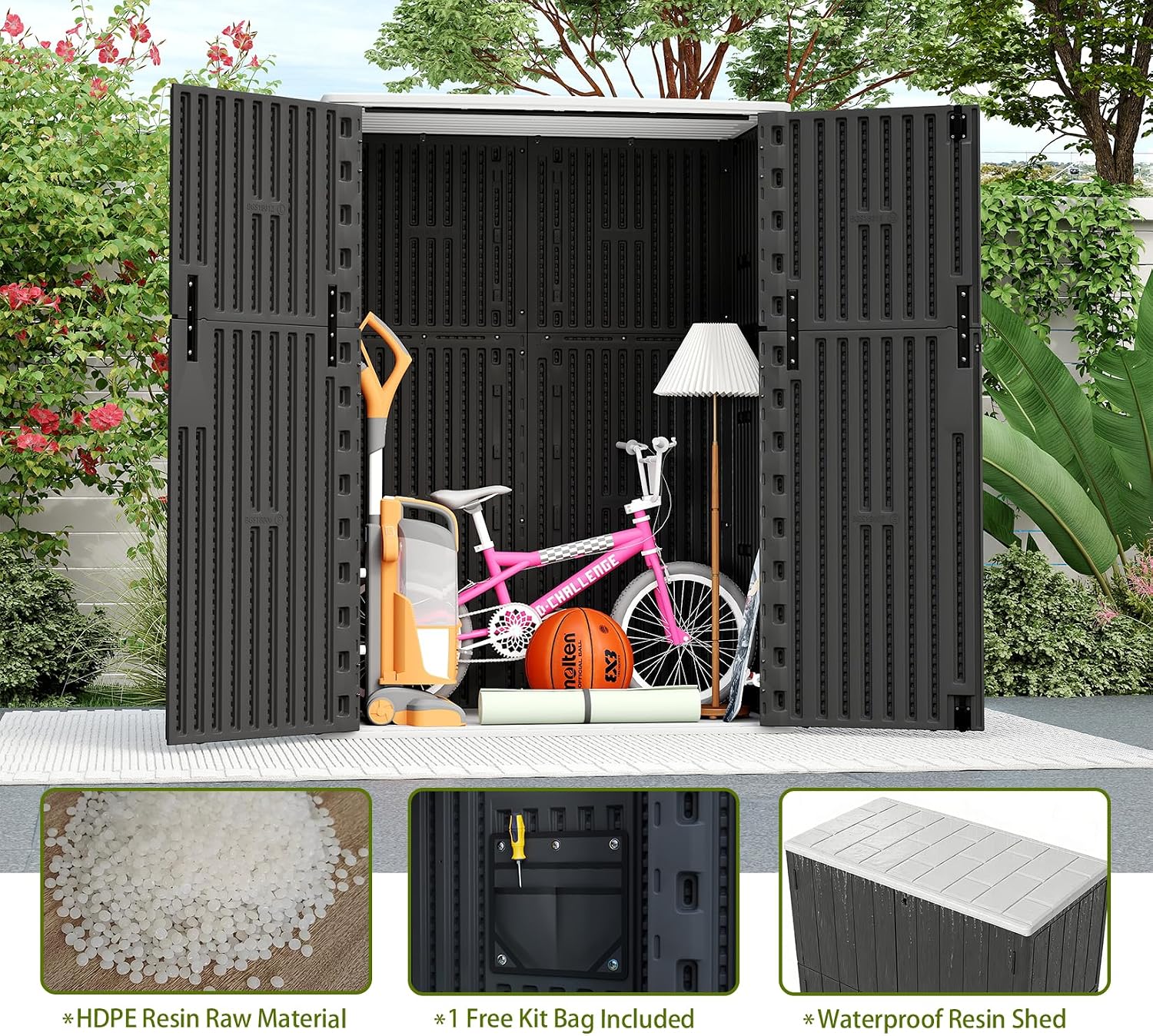 ZZM 57 Cu.ft Outdoor Storage Shed with Floor HDPE Double-Wall Resin Sheds Outdoor Storage, Lockable Weatherproof Storage Cabinet Fit for Garden Tools, Garage can, Bike, Patio Furniture, Black