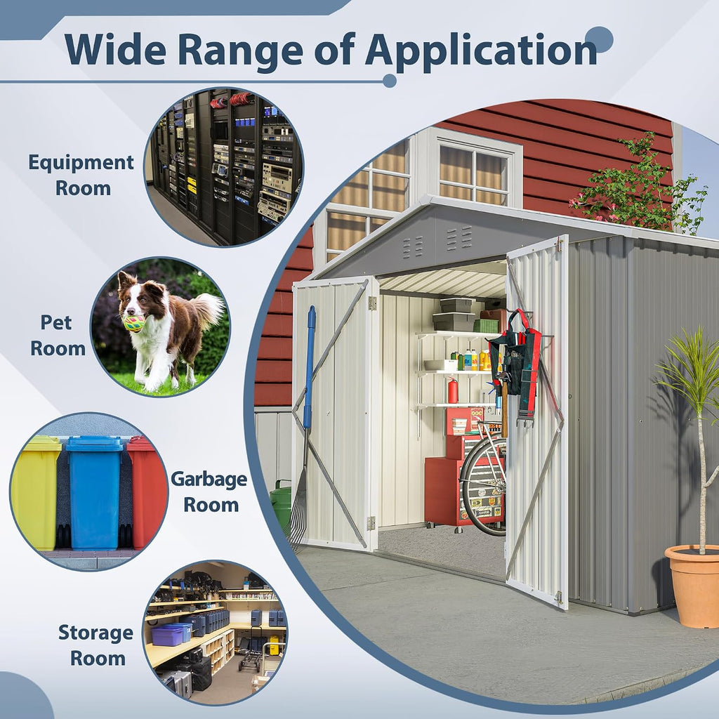 8x10 FT Outdoor Storage Shed, Metal Garden Shed with Lockable Hinged Doors, Outside Tool Shed with Sloped Roof & 4 Air Vents, Waterproof Storage Building for Backyard, Patio, Lawn, Gray